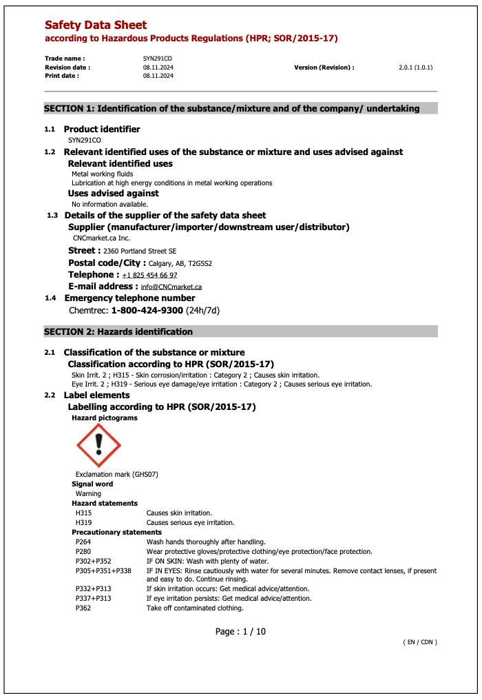 SYN291CO Safety Data Sheet English