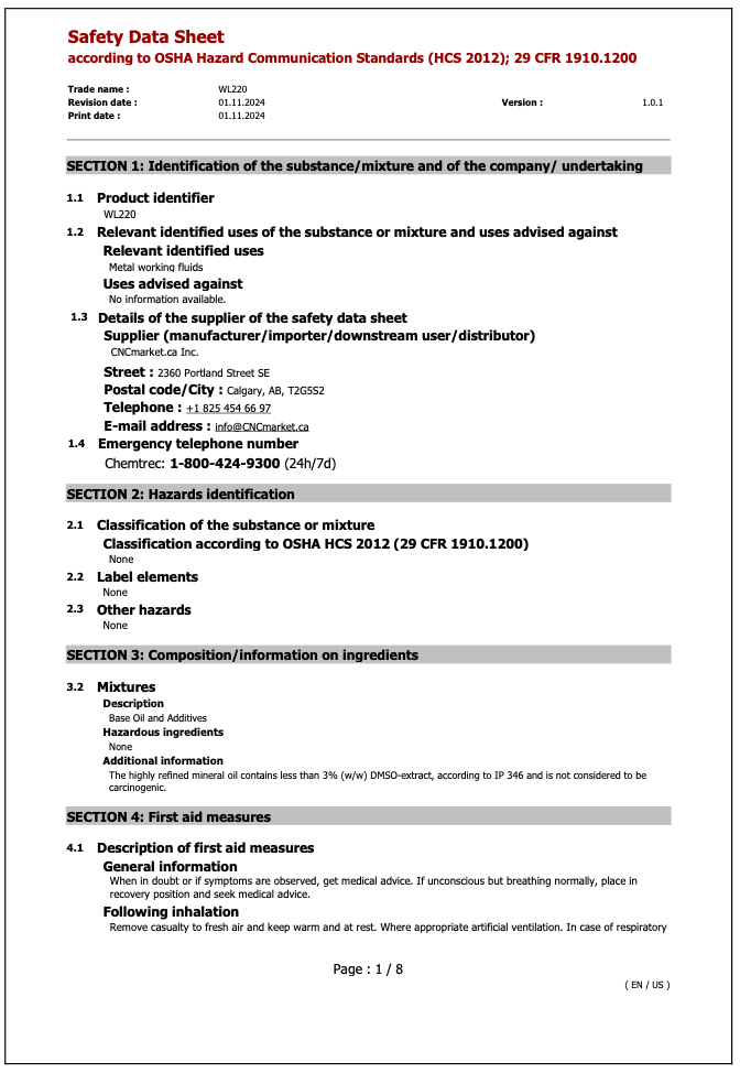 WL220 Safety Data Sheet English