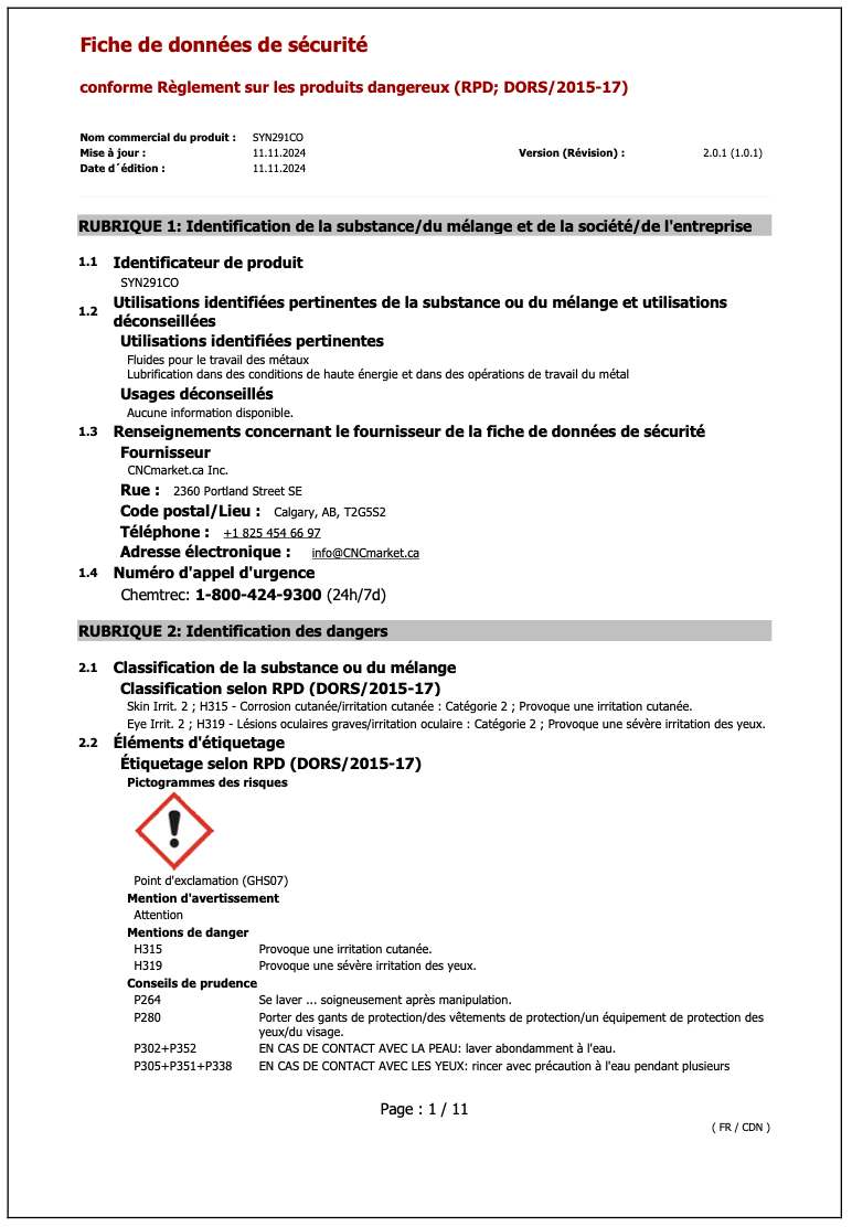 SYN291CO Fiche de Données de Sécurité