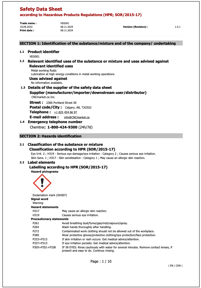 VEG001 Safety Data Sheet English
