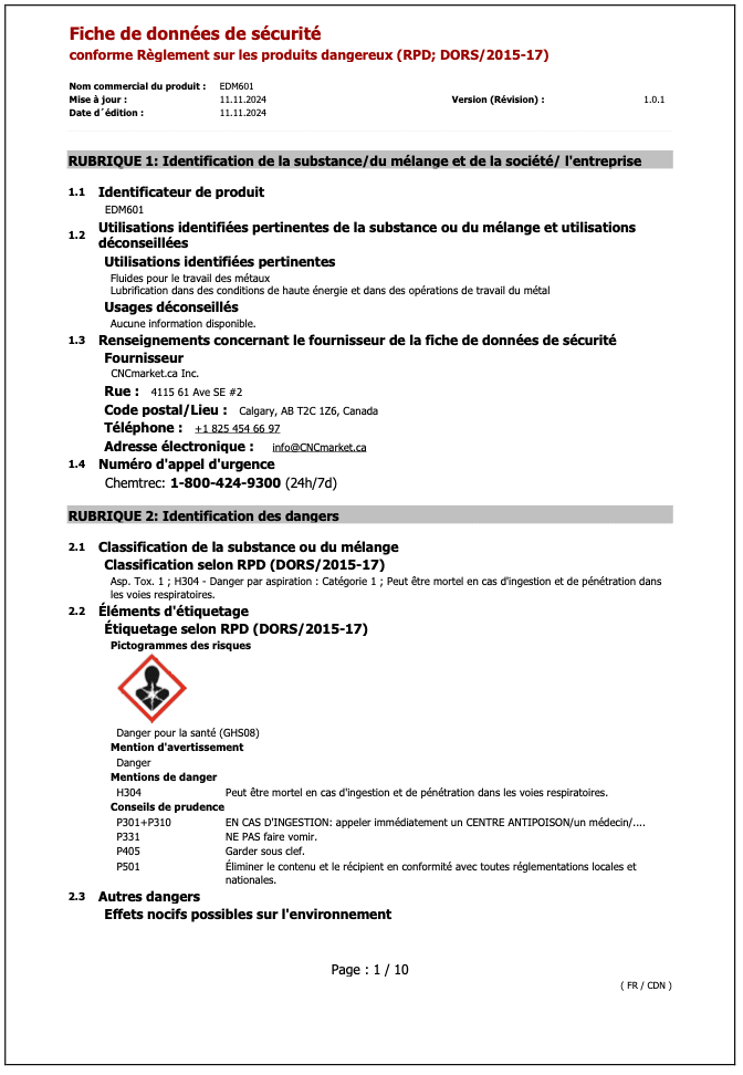 EDM601 Fiche de Données de Sécurité
