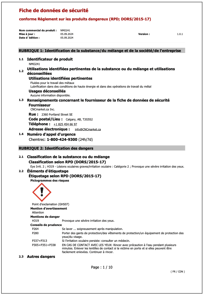 NMO241 Fiche de Données de Sécurité
