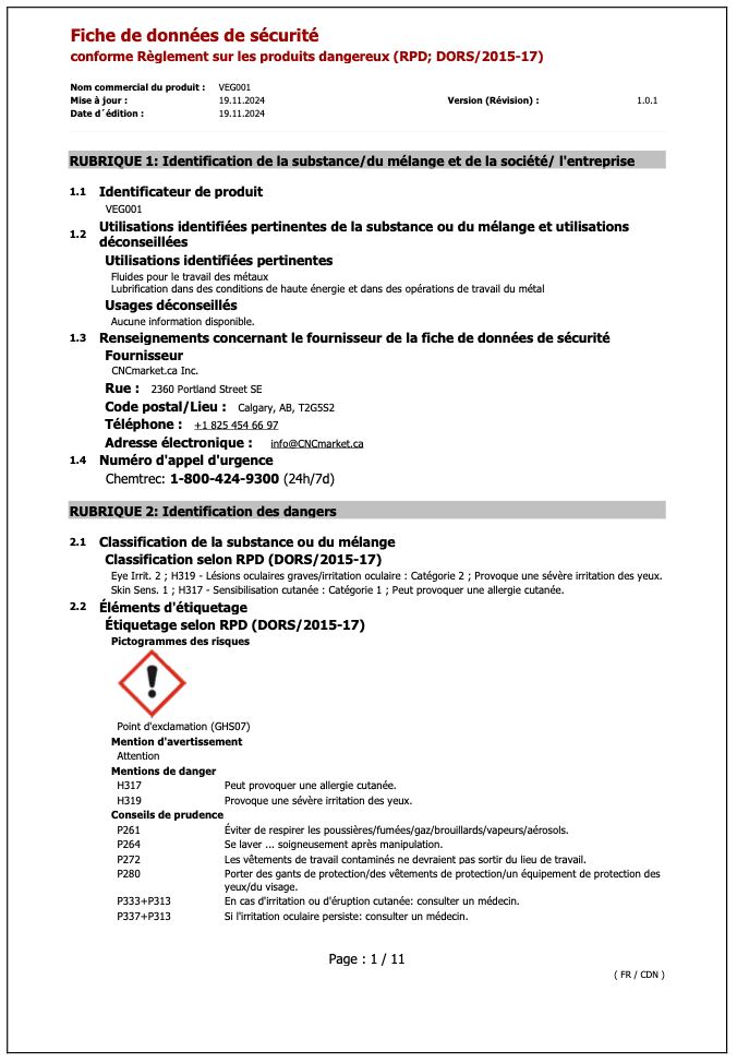 VEG001 Fiche de Données de Sécurité