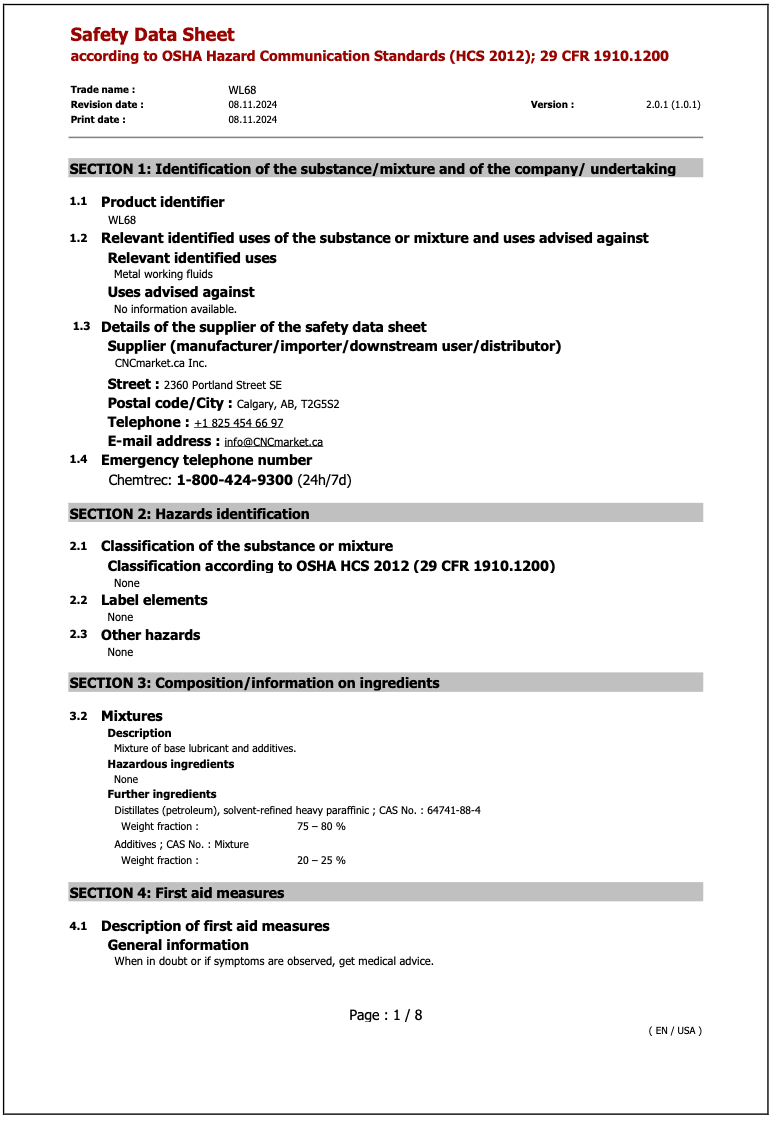 WL68 Safety Data Sheet English