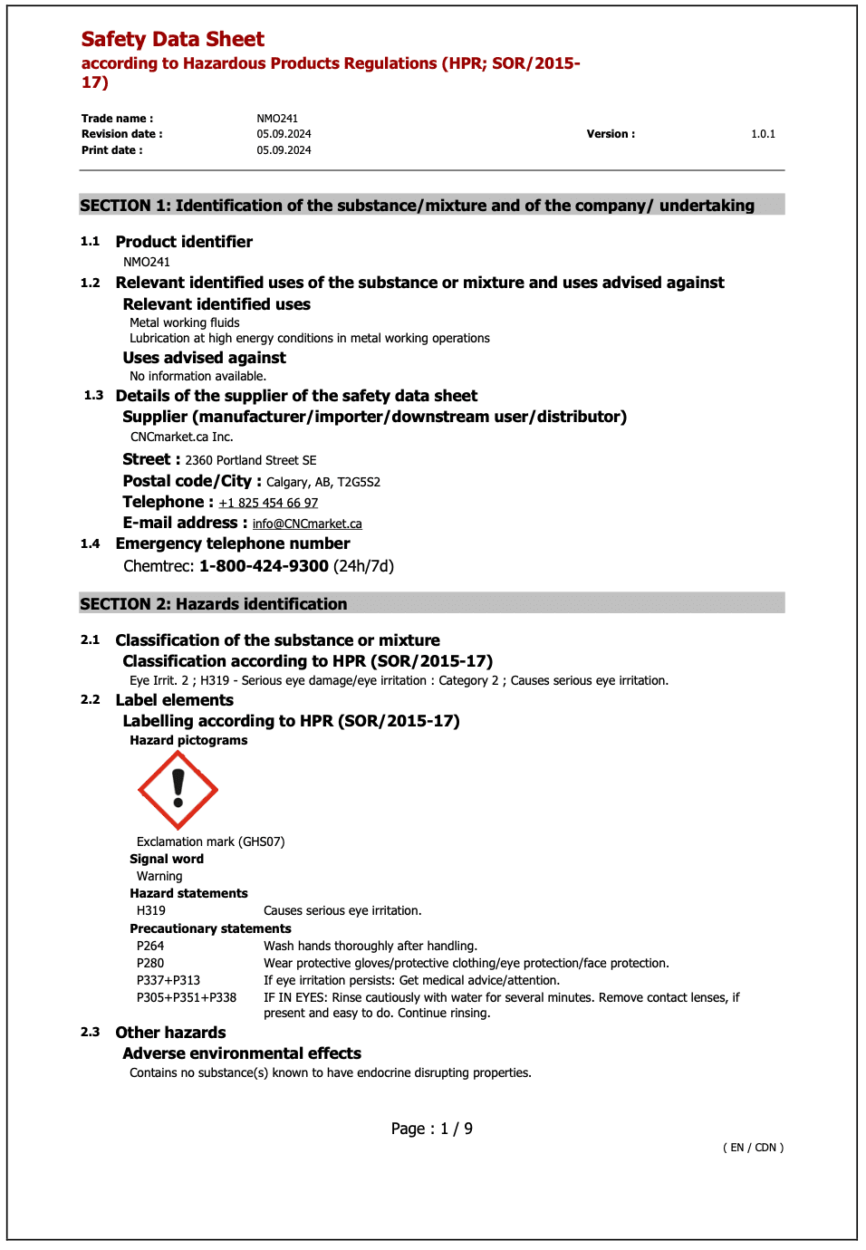 NMO241 Safety Data Sheet English